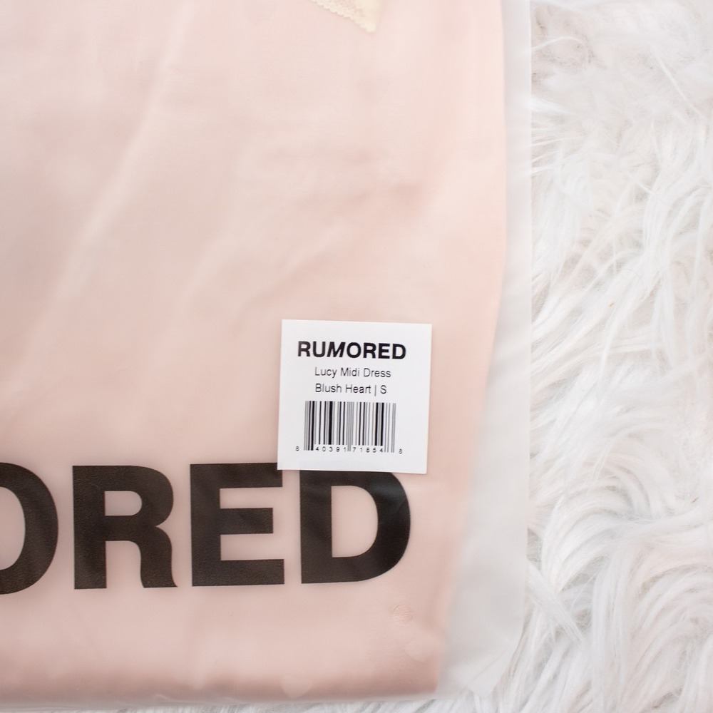 Rumored Blush Pink Midi Slip Dress Small Lace Plunge Neck Retro Lucy Heart Satin - Picture 4 of 4